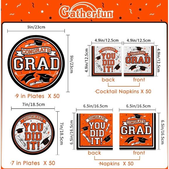 Gatherfun Graduation Party Supplies Dinnerware Set Orange Disposable Plate s29 - Picture 2 of 6